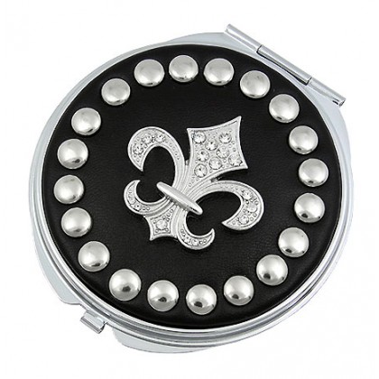 Compact Mirror - 12 PCS - Studded Fleur De Lis - Black -MR-GM1270B